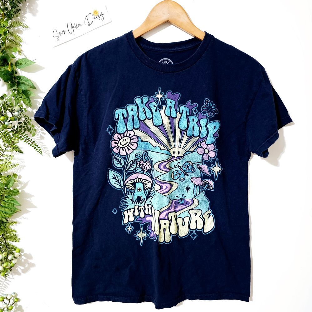 Dom Take A Trip With Nature Graphic Tee Navy Blue Mushroom Psychedelic Hippie M‎